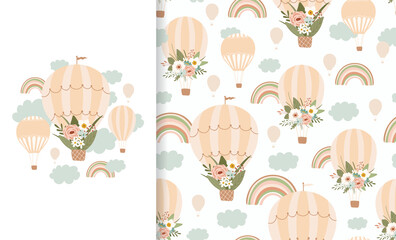 Set cute illustration and seamless pattern with rainbow, flower, air balloon. Collection in hand drawn style in pastel colors for kids clothing, textiles, children's room design. Vector