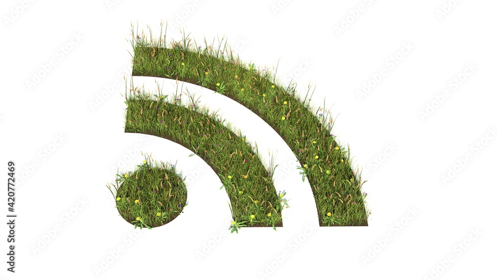 Poster 3d rendered grass field of symbol of social rss isolated on white background