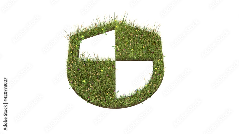 Poster 3d rendered grass field of symbol of shield isolated on white background