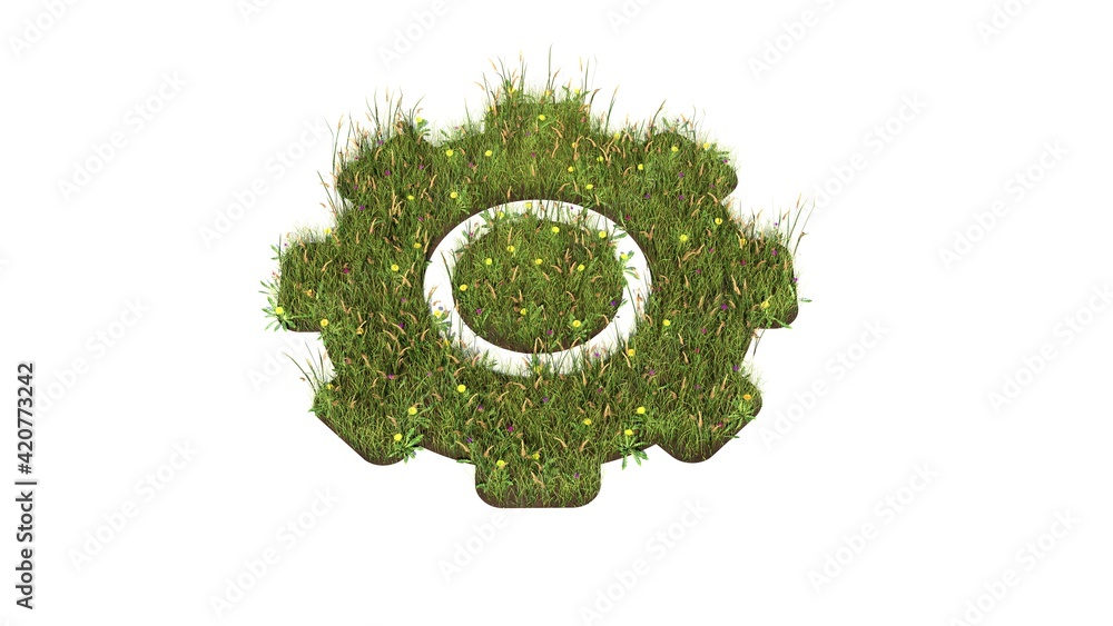 Poster 3d rendered grass field of symbol of settings isolated on white background