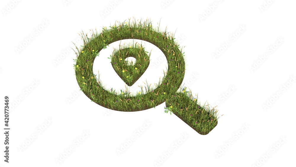 Poster 3d rendered grass field of symbol of search location isolated on white background