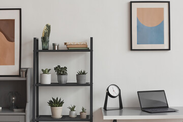 Background image of minimal home office workplace in modern apartment decorated by plants and abstract art, copy space