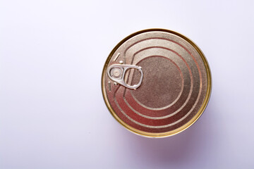 metal tin cans foods fruits Vegetables legumes tuna meat easy open on white background high and low angle
