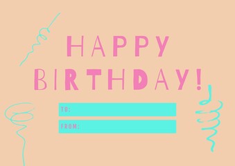 Digitally generated image of happy birthday text and decorations against beige background
