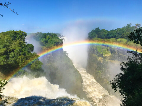 The iconic Mosi-Oa-Tunya waterfall aka Victoria Falls, view from the Zimbabwe side.