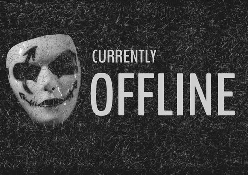 Digitally generated image of currently offline text against face mask on black background
