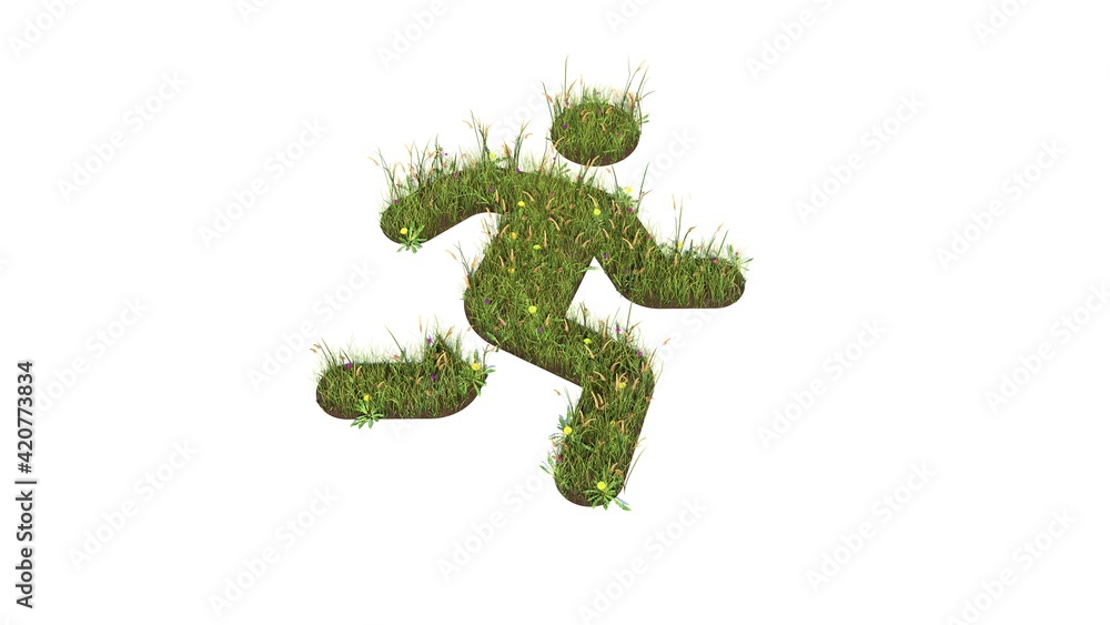 Poster 3d rendered grass field of symbol of running isolated on white background