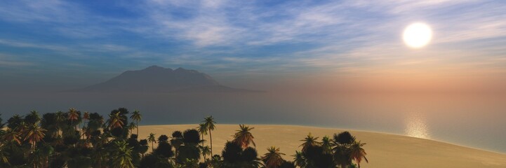 Fototapeta na wymiar Beach with Mexican palm trees at sunset, ocean sunrise over the beach with palm trees, 3D rendering