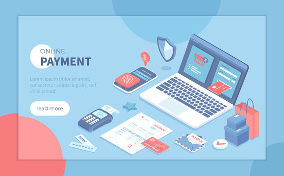 Online Payment. Paying bill, invoice, shopping online, e-commerce market. Сredit card transaction, money transfer with laptop. Isometric vector illustration for banner, website.