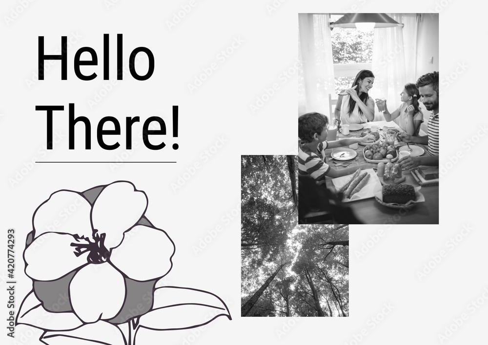 Poster digitally generated image of hello there text and vacation photo grid against white background