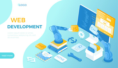 Web development. Coding website application and Software engineering. Program code on the monitor screen. Isometric vector illustration for website.