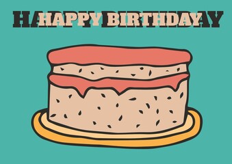 Digitally generated image of happy birthday text over cake against green background