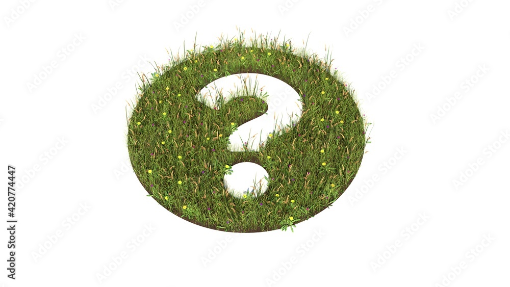 Poster 3d rendered grass field of symbol of question circle isolated on white background