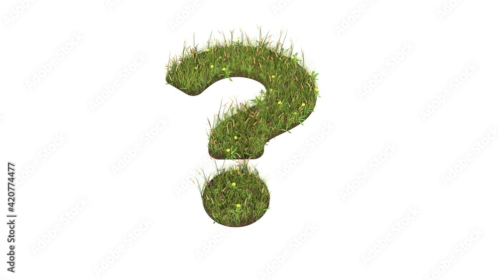 Poster 3d rendered grass field of symbol of question isolated on white background