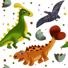 Cute Dinosaur pattern on white background. Dinosaur print for your design textile, wallpapers, fabric, posters. Funny graphics dinosaurs . Vector illustration.