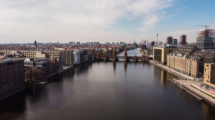Beautiful Oberbaum Bridge over River Spree in Berlin from above - aerial view - urban photography