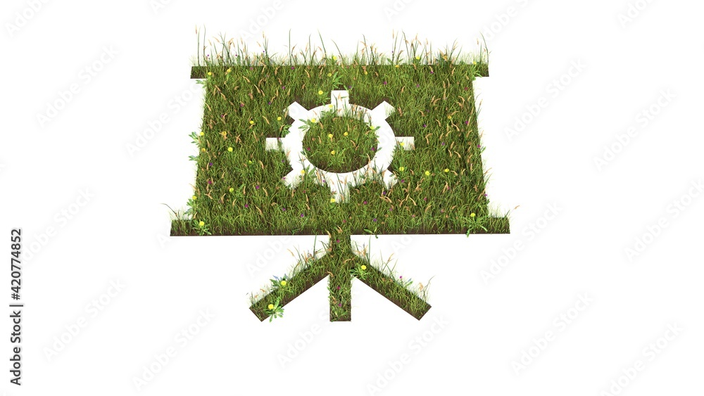 Poster 3d rendered grass field of symbol of presentation isolated on white background
