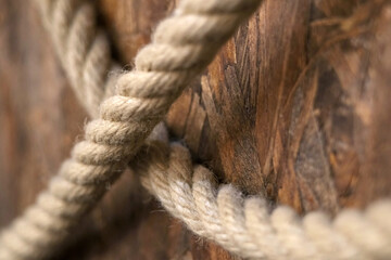 Hemp cord. Sea rope, close-up for interior design. Rustic beige cord made of eco material
