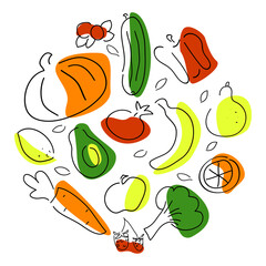 Hand drawn circle composition of fruits and vegetables witn vitamin C. Vector illustration for stickers, infographics, banners, shop ads, etc