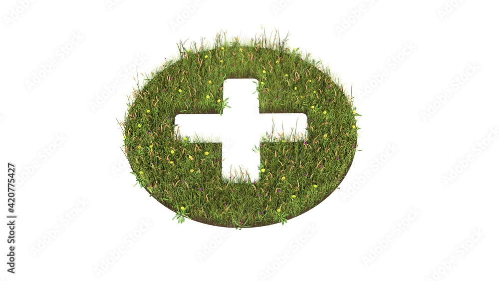 Poster 3d rendered grass field of symbol of plus circle isolated on white background
