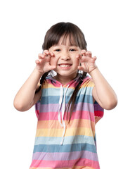 Little girl child showing front teeth with big smile. Healthy happy funny smiling face young adorable lovely. Portrait of happy little asian girl smile on white background