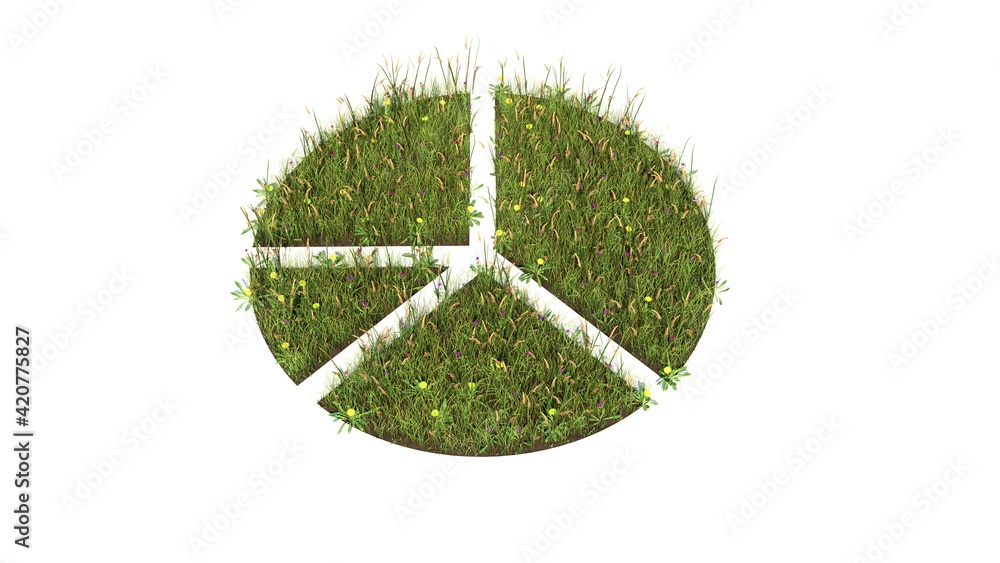 Poster 3d rendered grass field of symbol of pie chart isolated on white background