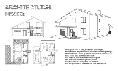 Perspective 3D, floor plan and cross section suburban house. Drawing of the modern building. Cottage project on white background. Vector blueprint.