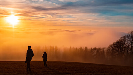 Beautiful sunset above the clouds near Kostenz, Bavarian forest, Bavaria, Germany