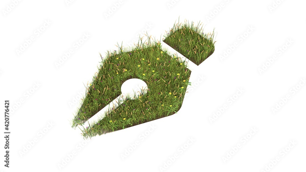 Poster 3d rendered grass field of symbol of pen nib isolated on white background