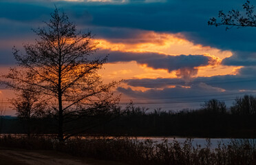 Beautiful sunset with reflections near Plattling, Isar, Bavaria, Germany