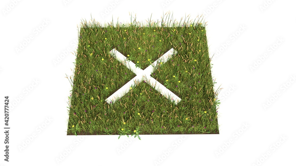 Poster 3d rendered grass field of symbol of multiply 1 isolated on white background