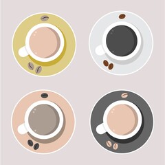 Vector illustration set of a cup of coffee with a colorful plate surrounded by coffee beans with top view, perfect for advertising coffee products