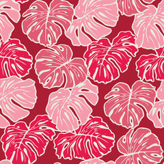 Pink monstera leaves tropical vector seamless pattern
