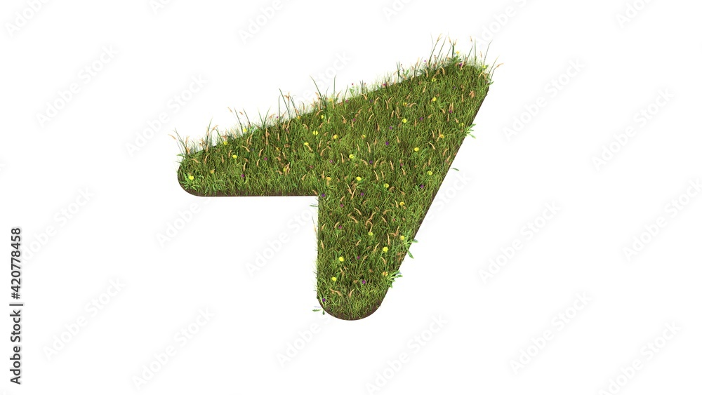 Poster 3d rendered grass field of symbol of location arrow isolated on white background
