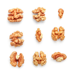 Golden nutritious walnut kernels isolated on white