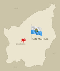 Detailed map of San Marino territory borders, South European country administrative map with San Marino capital city and waving national flag vector illustration