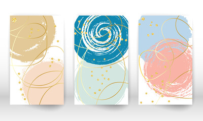 Modern art painting. Set of geometric shapes and lines. Minimalist hand painted shapes, gold particles. Modern art background.