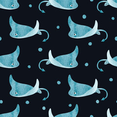 Seamless cute watercolor stingray pattern. Vector fish background with manta rays - obrazy, fototapety, plakaty