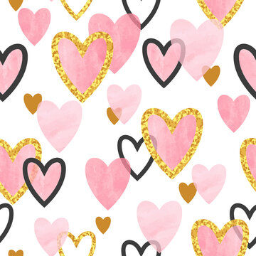 Glittering gold and watercolor pink hearts pattern. Valentines Day seamless background.