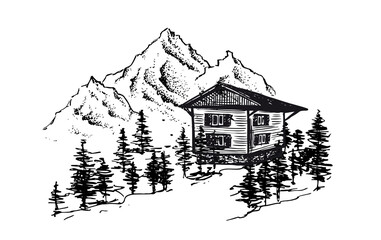 Mountain landscape, sketch style, vector illustration.