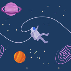 Obraz na płótnie Canvas Space seamless pattern with astronaut, planets 