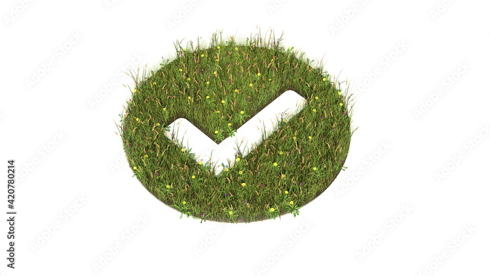 Poster 3d rendered grass field of symbol of check circle isolated on white background