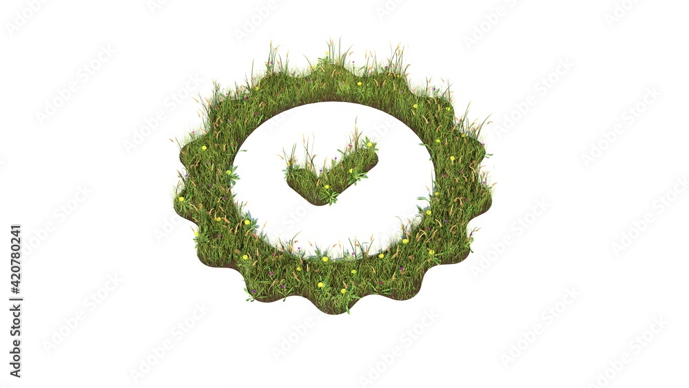 Poster 3d rendered grass field of symbol of check isolated on white background