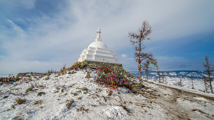 All Auspicious Stupa of Great Awakening at Ogoy Island, Baikal Lake, Russia in Winter