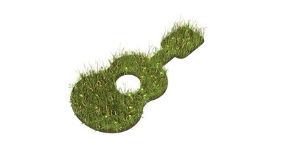 3d rendered grass field of symbol of guitar isolated on white background
