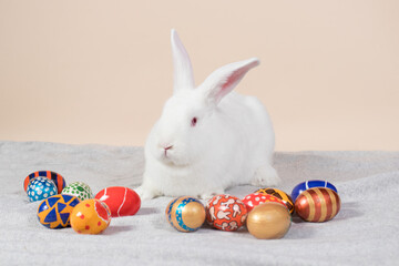 Easter day and religious symbol - a white fluffy rabbit with long ears with colorful painted eggs. With a place for text to copy space on pink beige minimalistic pastel background