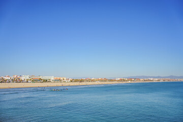 Fototapeta premium Panoramic view of the Malvarrosa Beach in Valencia Spain with big copy space.