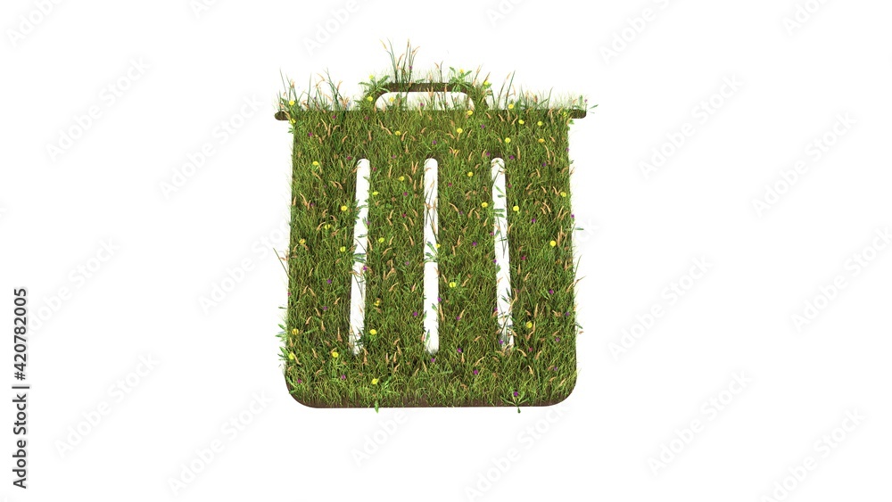 Poster 3d rendered grass field of symbol of garbage isolated on white background