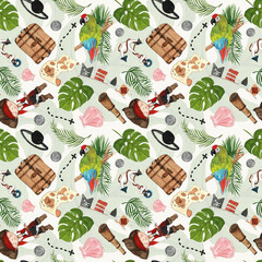Hand-drawn bright summer background with cute illustrations of pirates elements:pirate kidd, tropical leaves, treasure, ship, mariner's compass etc. Perfect design for fabric texture, paper etc.