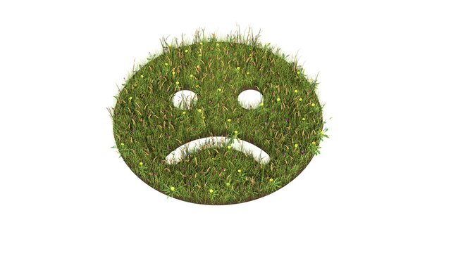 3d rendered grass field of symbol of frown isolated on white background